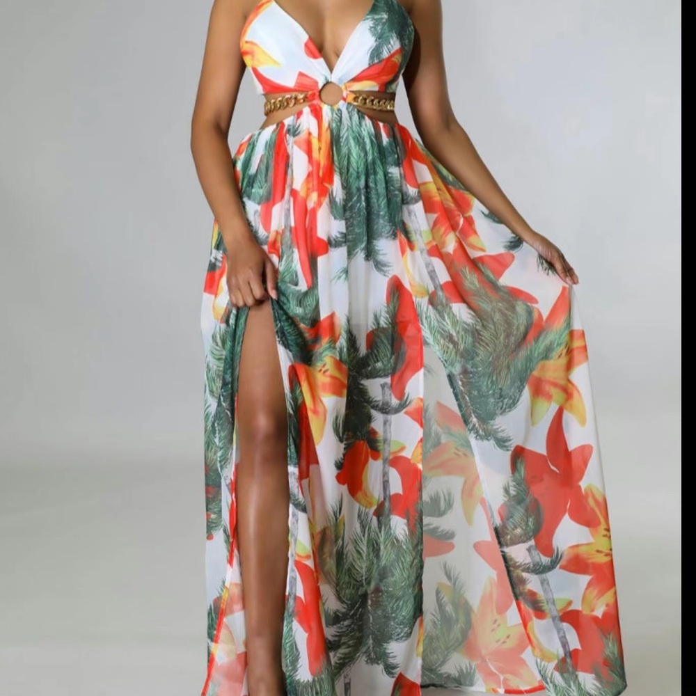 Tropical Print Backless Halter Maxi Dress